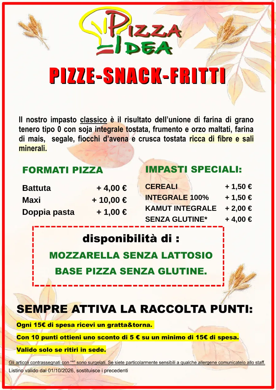 Listino online : Nuovo listino Pizzaidea Ceggia